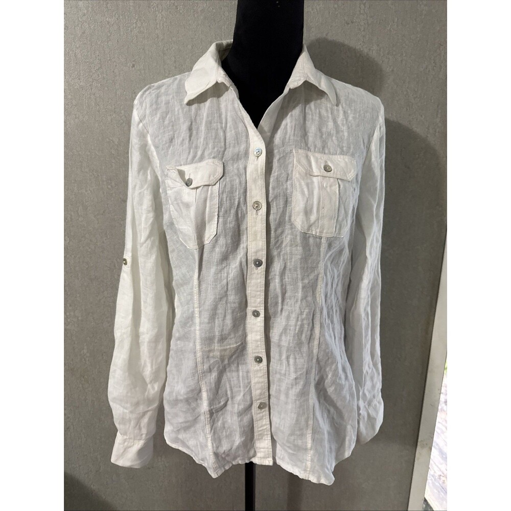 Saks Fifth Avenue 100% Linen White Long Sleeve Button Up Roll Tab Shirt M